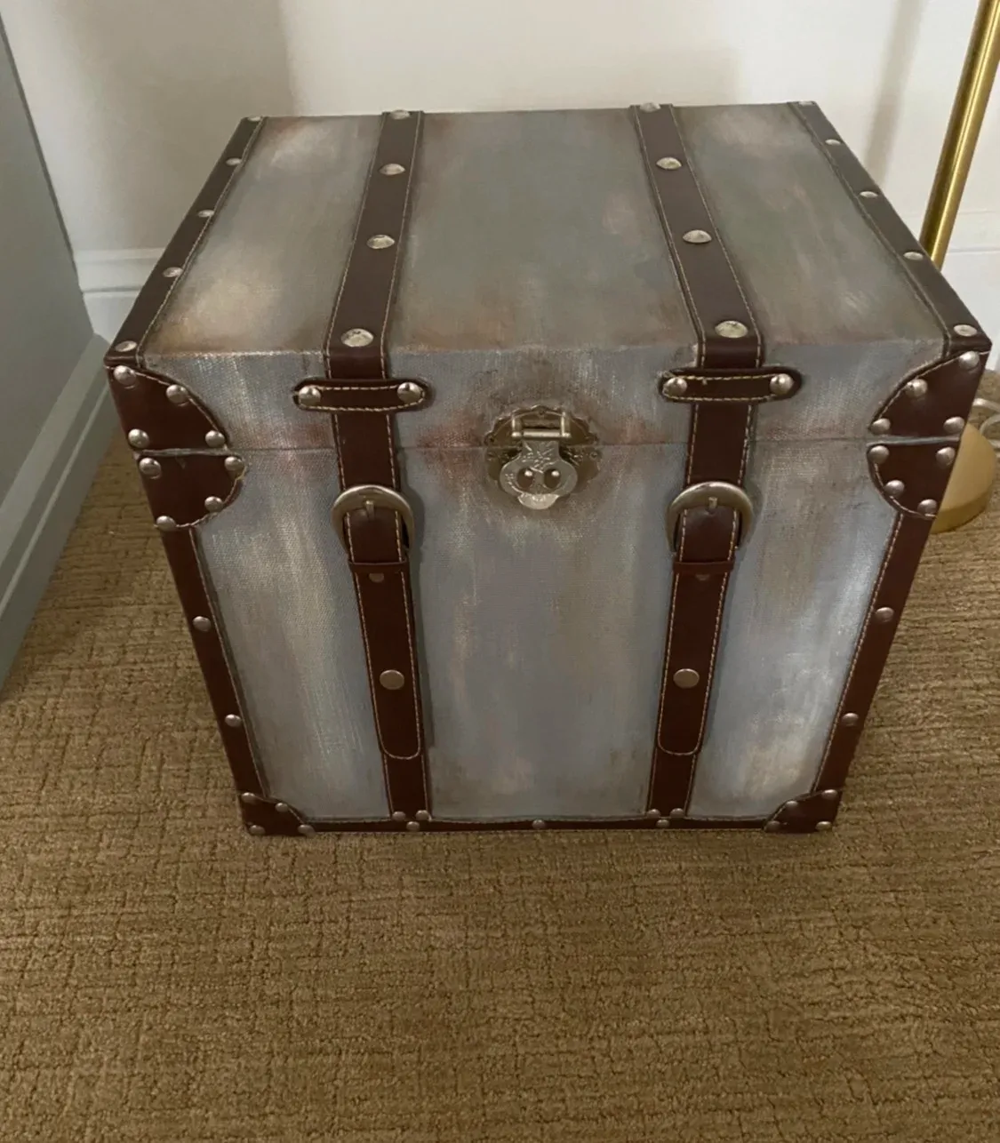 Vintage trunk with a hand-painted metallic finish and leather straps